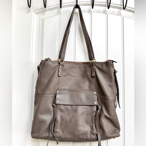 Kooba Everette Taupe Soft Leather Tote Handbag w Front Pocket. 16” by 13” by 3” - Picture 2 of 10